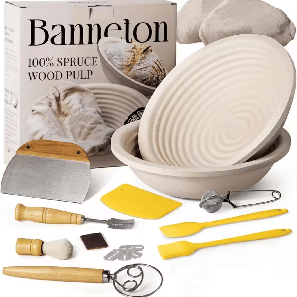 9-Inch Round Bread Proofing Basket Set with Lid, Dough Mixing Bowl, Dough Whisk, Bench Scraper and Dough Cutter for Homemade Bread Baking